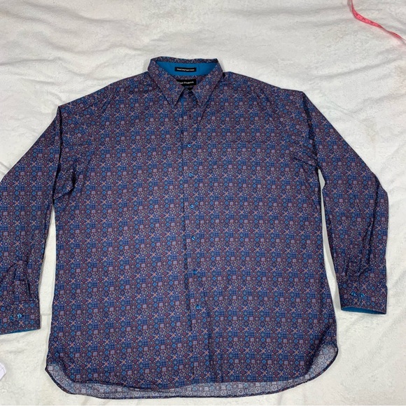 Paul Fredrick EUC 100% Cotton Blue Multicolored Geometric Print Button Down XXLT - Picture 3 of 7